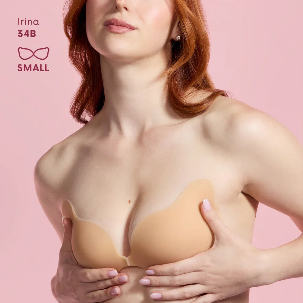 NUDA Cleavage strapless sticky bra in honey shade worn for cleavage lift - view 4